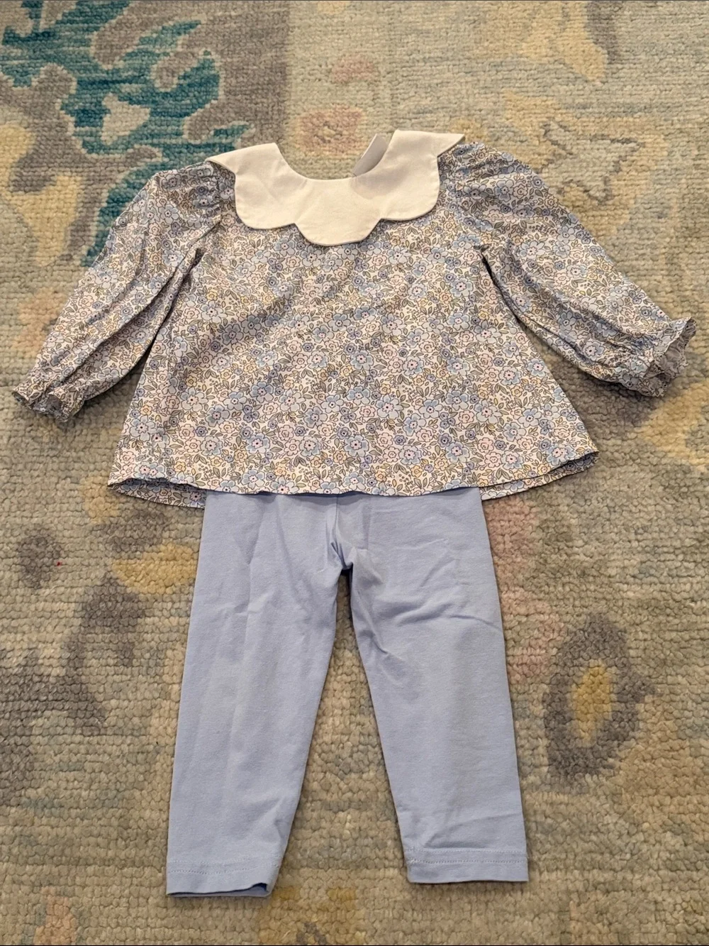 Girls' Light Blue Floral Pajama Set with White Scalloped Collar